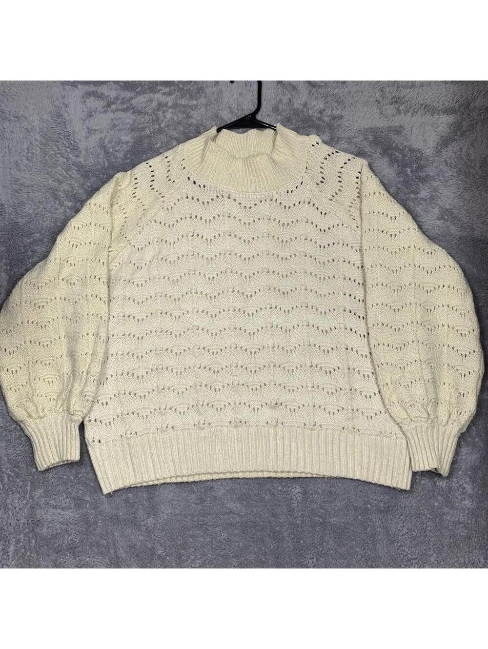 Time and Tru Sweater Womens XL Beige Gold Metallic Pointelle Mock Neck Pullover